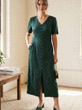 Vintage 90s Brett Alixander Green Jacquard Button Front Midi Dress Whimsigoth